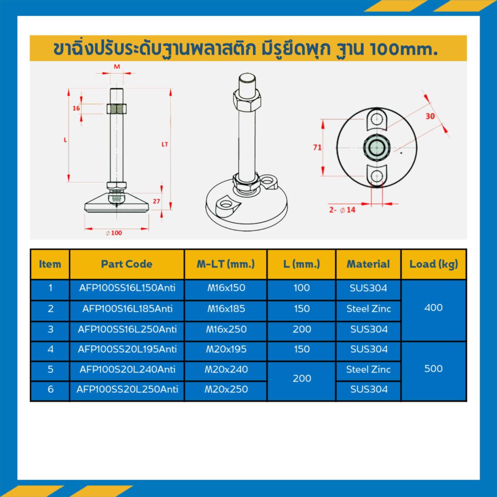 ขาปรับระดับฐานพลาสติกพร้อมยางกันลื่น M20x150 mm. AFP100SS20L195Anti ...